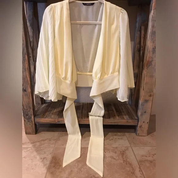 Accordion Bell Sleeve Deep V Multi Bow Tie Crop Warp Chiffon Blouse (S) - Picture 4 of 10